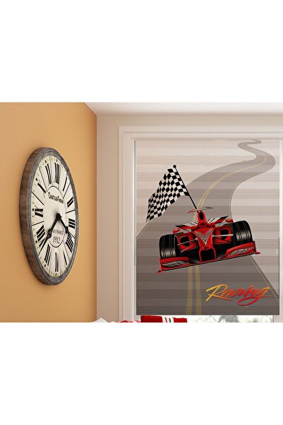 Turuncu Dizayn Çocuk Odası Ve Genç Odası Için Kırmızı Ferrari Araba Desenli Dijital Baskılı Zebra Stor Perde