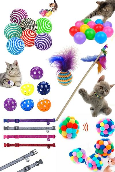 PAMEPAW Rope Wrapping Ball, Furry Ball, Pompom Ball, Rattle Ball, Colorful Ball, Fishing Rod and Leash Set