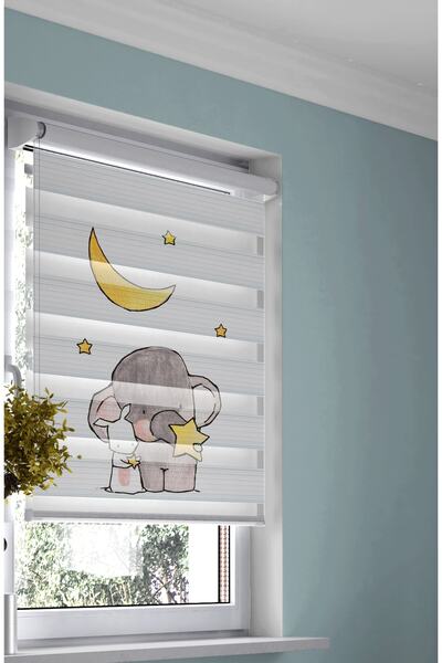 Turuncu Dizayn Bebek Odası ve Çocuk Odası için Gri Fil ve Ay Desenli Dijital ...