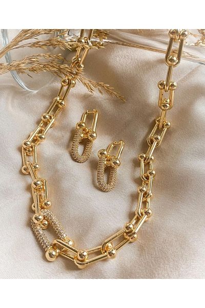 NILOTOS Zircon Stone Gold Plated Necklace and Earring Set