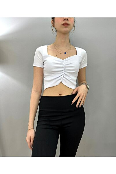 Tam Moda Kadın Crop Önü Büzgülü Bluz Beyaz Kaşkorse