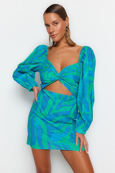 Trendyol Collection Mini-Strandkleid aus 100 % Baumwolle mit gewebtem Cut-out/Fenster und abstraktem Muster TBESS23EL00175