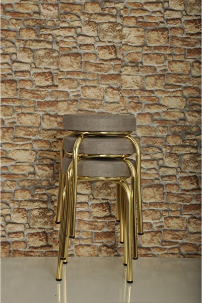 AKK TİCARET 3 Adet Gri Desenli Renkli Kumaş Gold Nikelajlı Demir Tabure Mutfak Taburesi