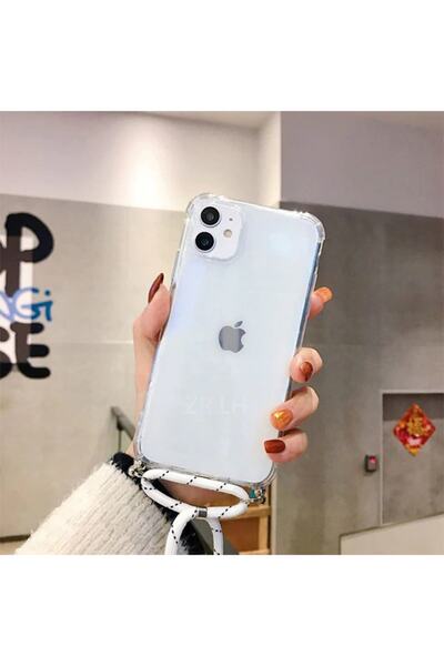 Molly Iphone 11 Siyah Beyaz Şeritli Boyun Askılı Şeffaf Silikon Kılıf