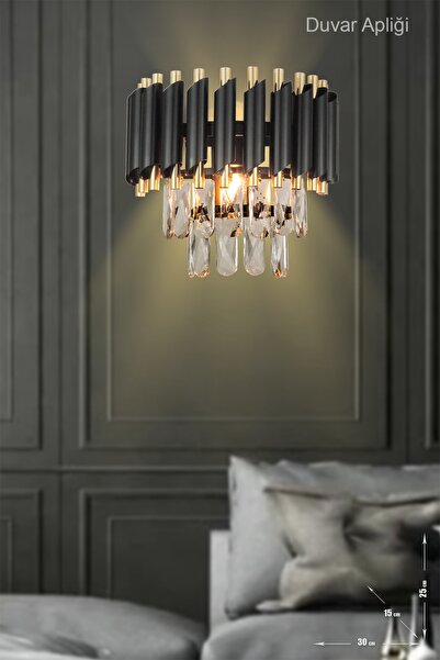 Avizemoda Palmira Prizma Kesim Kristal Taşlı Lüks Aplik - (SİYAH-GOLD)