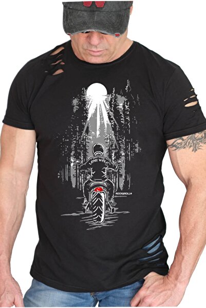 ROCKANDROLL Tricou negru pentru bărbați Lonely Cowboy cu mânecă scurtă ruptă ...