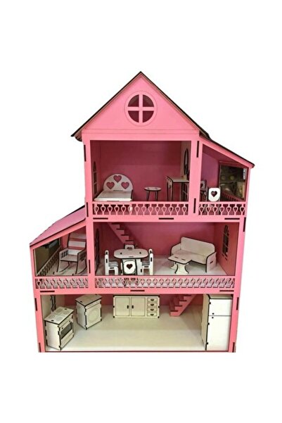 Genel Markalar Ahşap Oyun Evi 3 Katlı Pembe Oyun Evi Kız Çocuk Eşyalı Evcilik...
