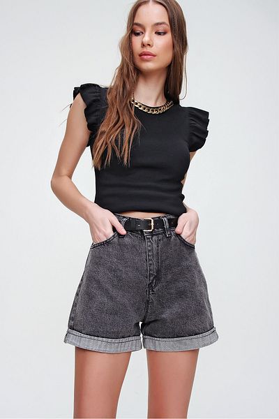 Trend Alaçatı Stili Shorts - Grau - Hoher Bund