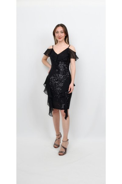 ALİS DRESS Şifon Detaylı Siyah Rengi Pullu Elbise