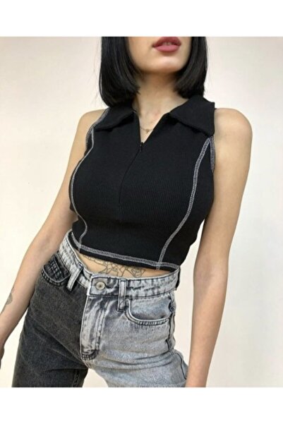 By Gecce Women's Black Polo Neck Sleeveless Camisole Crop