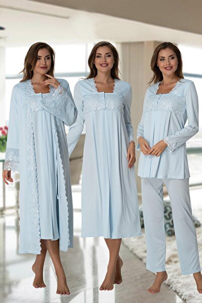 Genel Markalar Effort Mavi Şık Dantel Kesimli Lohusa Hamile 4'lü Set