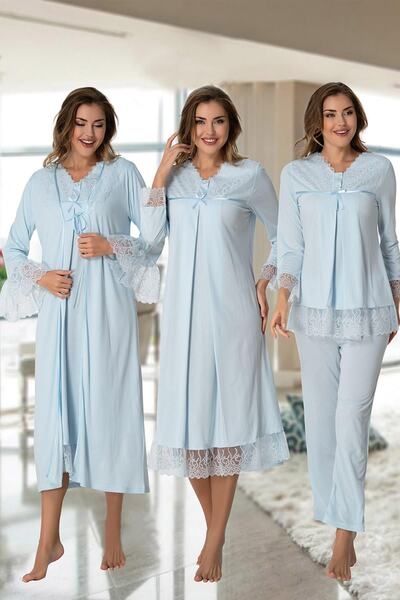 Lohussa مجموعة من 4 قطع أنيقة بأكمام طويلة وتفاصيل دانتيل باللون الأزرق للحوامل
