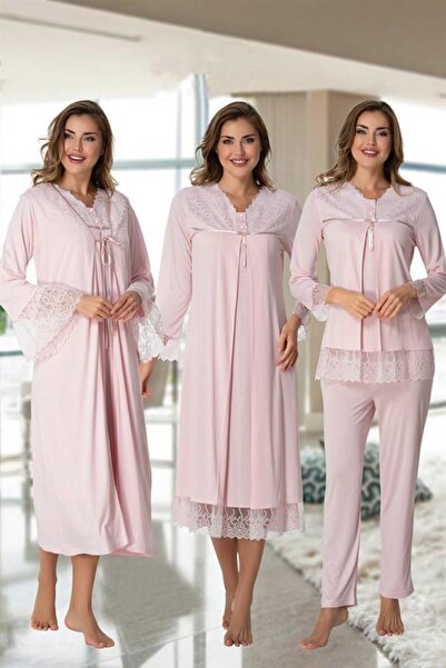Lohussa مجموعة من 4 قطع للحوامل بأكمام طويلة وتفاصيل دانتيل باللون الوردي من ...