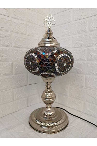 Ambiance Parlak Nikel Gümüş Rengi Metali Büyük Boy Mozaik Masa Lambası El Yapımı Özel Dekoratif