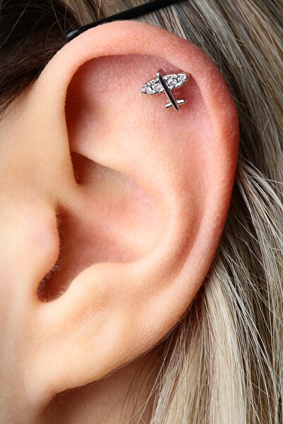 Vilma Aksesuar Cerrahi Çelik Taşlı Uçak Piercing Helix , Tragus , Kıkırdak (8 Mm) Gümüş Renk