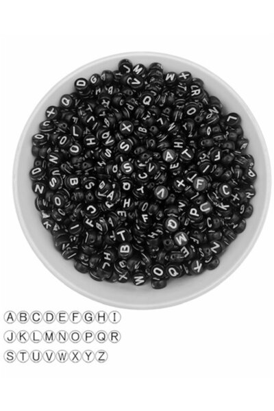 Hedef Bijuteri 50gr Letter Beads - 4x7mm Flat White Letter Beads on Black Bac...