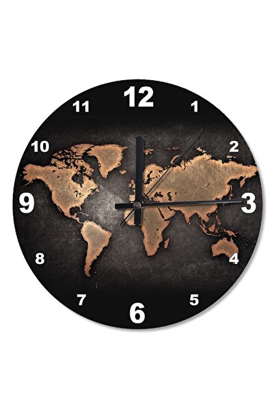 Genel Markalar Siyah Zeminde Dünya Haritası Baskılı Duvar Saati 50 cm