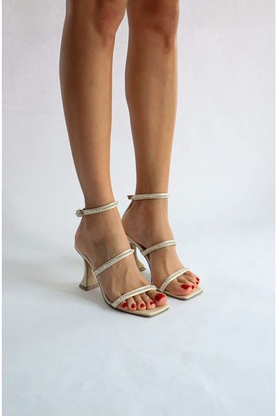 Ömer Ediz Shoes Sandale Bej Satin Stone Detailate