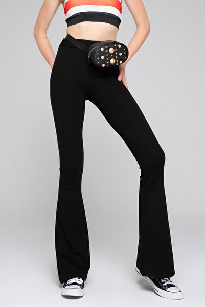 Essah Moda Kadın Siyah Ispanyol Paça Likralı Tayt - Me000312