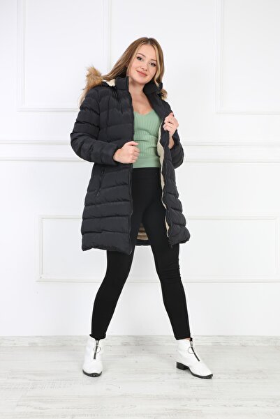 B&T Women's Black Colored Removable Hooded and Fur Puffer Coat.