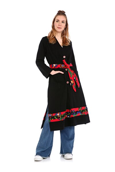 İna Kadın Siyah Pazen Kumaştan Bohem Ve Etnik Tarzda Hırka Kışlık Kimono