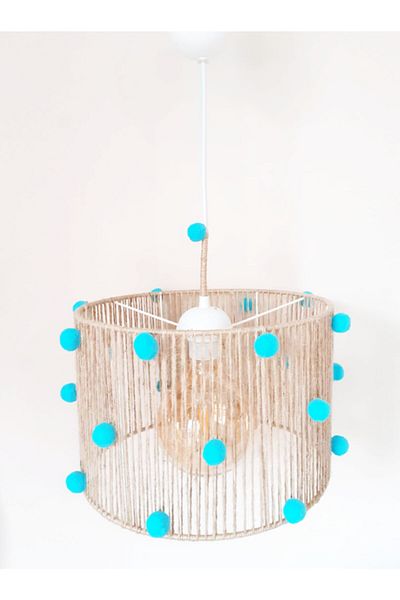 C&A&B KUZEY AVİZE Wicker Rope Wrapped Blue Pompom Baby and Children's Room Pendant Lamp Chandelier