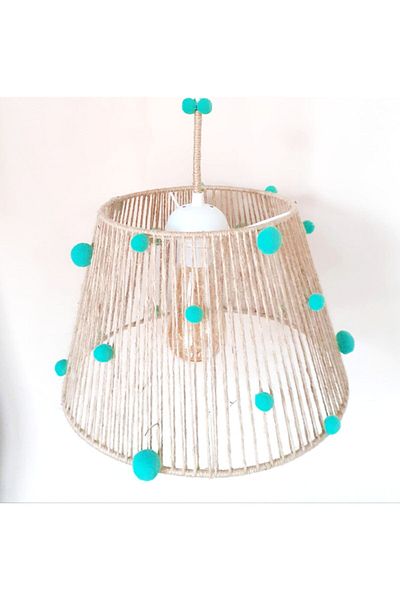 C&A&B KUZEY AVİZE Wicker Rope Wrapped Dark Mint Color Pompom Baby and Children's Room Pendant Lamp Chandelier