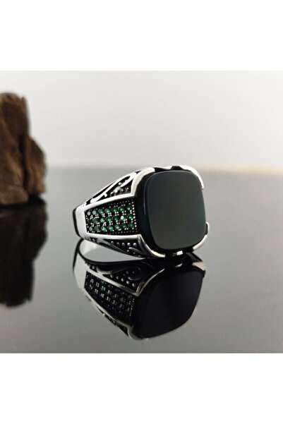 OSMANLI GÜMÜŞ Yeşil Kehribar Gümüş Erkek Yüzük Gyzgmsgumsw