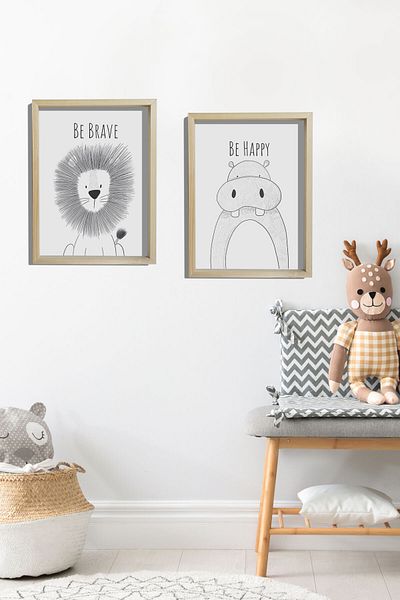 Dekor Loft Ζωγραφική τοίχου μωρού και παιδικού δωματίου με φυσικό πεύκο Λιοντάρι και καμηλοπάρδαλη