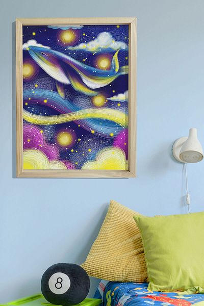 Dekor Loft Pictură murală pentru cameră pentru bebeluși și copii cu cadru de pin natural balenă colorată
