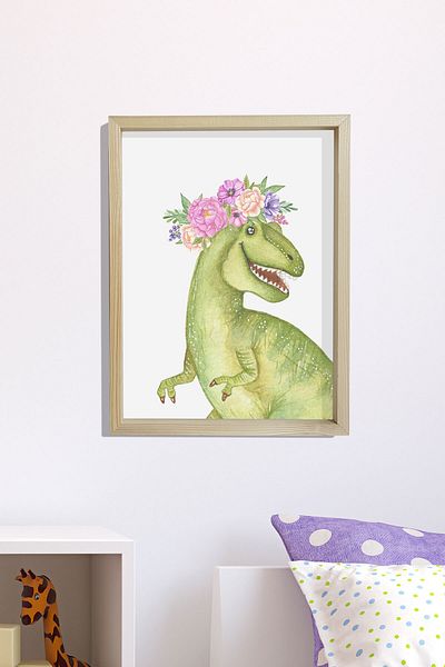 Dekor Loft Pictură murală pentru camera bebelușilor și copiilor cu cadru natural de pin Dinozaur drăguț cu flori