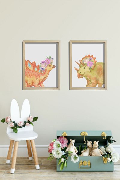 Dekor Loft Pictură murală pentru cameră pentru bebeluși și copii cu cadru natural de pin Dinozauri drăguți cu flori