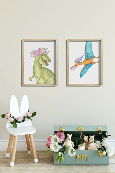 Dekor Loft Pictură murală pentru cameră pentru bebeluși și copii cu cadru natural de pin Dinozauri drăguți cu flori