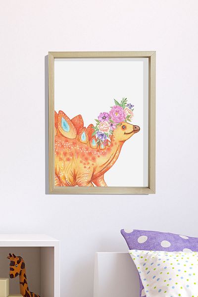 Dekor Loft Pictură murală pentru camera bebelușilor și copiilor cu cadru natural de pin Dinozaur drăguț cu flori