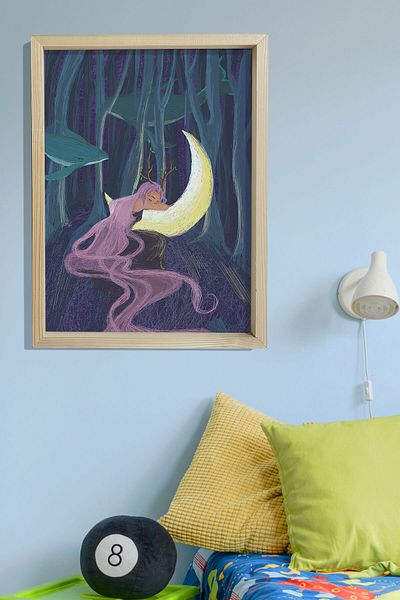 Dekor Loft Pictură murală pentru camera bebelușilor și copiilor cu ramă de pin natural Moon Dream