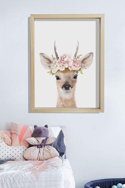 Dekor Loft Pictură murală pentru camera bebelușilor și copiilor cu cadru de pin natural Gazelle florală