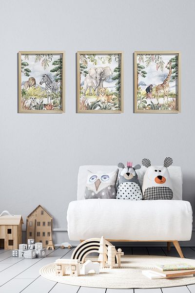 Dekor Loft Pictură murală pentru camera bebelușilor și copiilor cu cadru natural de pin Viața în junglă