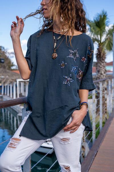 Güneşkızı Kadın Antrasit Yıkamalı Keten Yıldız Pullu Asimetrik Kesim Salaş Bl...