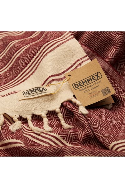 Demmex Certified 100% Organic Cotton Peshtemal Bath Beach Towel, 180x90cm, 450gr, Burgundy