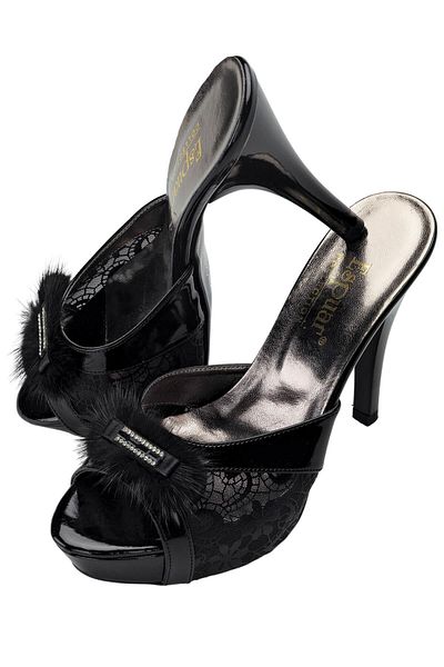 Espuar Women's Furry Square Stone Heeled Slippers Black