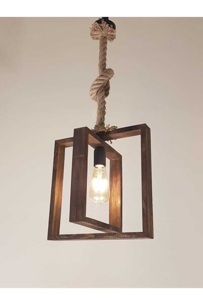 LENAOKSAN Iki Ahşaplı Kare Tekli Avize 703 El Yapımı Özel Tasarım