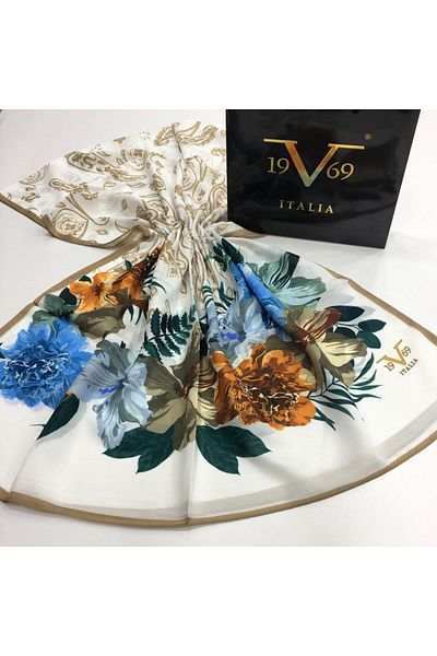 19V69 ITALIA White Beige Shawl Floral Pattern Pavia Series with Scarf Hanger and Gift Set 90x200 Cm