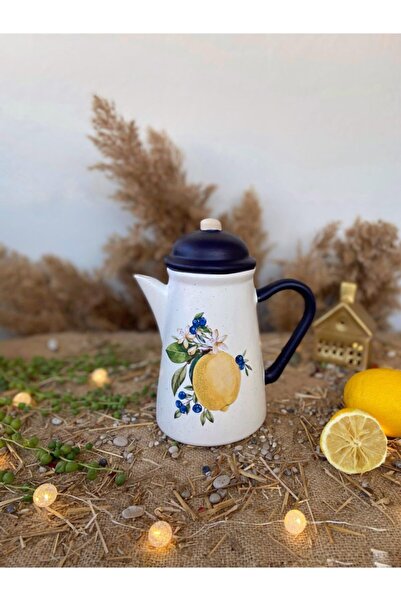 Handmadesign Kapaklı El Yapımı Seramik Sürahi Limonlu Lacivert Sarı Limon Çiç...