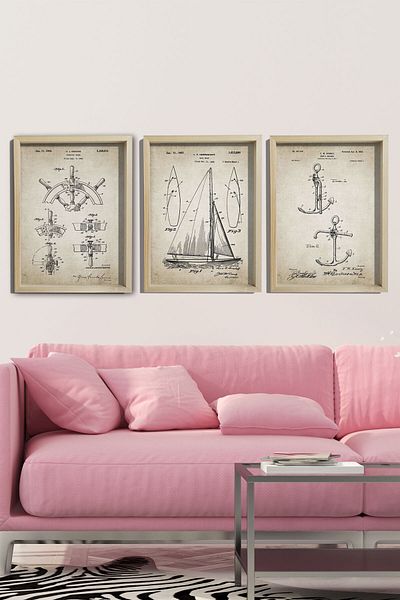 Dekor Loft Pictură murală pentru cameră de marinar cu cadru de pin natural Set de navigație antică brevete