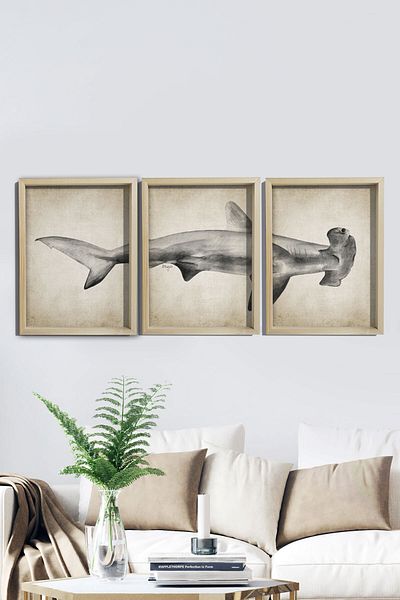 Dekor Loft Pictură de perete cu cadru de pin natural Rechin antic cu cap de ciocan
