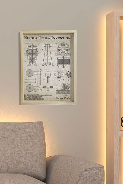 Dekor Loft Tablou de perete pentru camera inginerului cu cadru natural de pin Nikola Tesla Invertor bretele 1888 - 1894