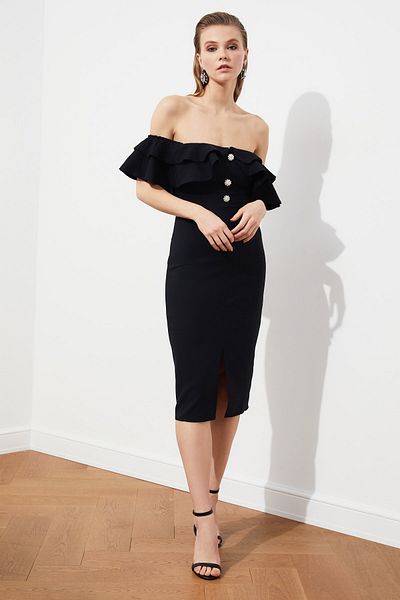 Trendyol Collection Černé kamenné knoflíky Tkané stylové večerní šaty Noční šaty TPRSS21EL1403