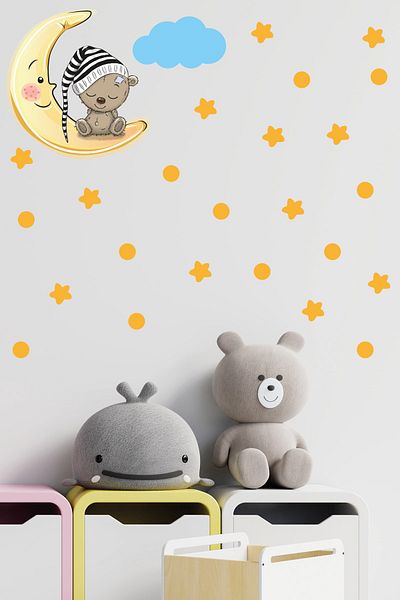 Tilki Dünyası Cute Teddy Bear Sleeping on the Moon Stars Yellow Polka Dots and Blue Cloud Kids Room Sticker