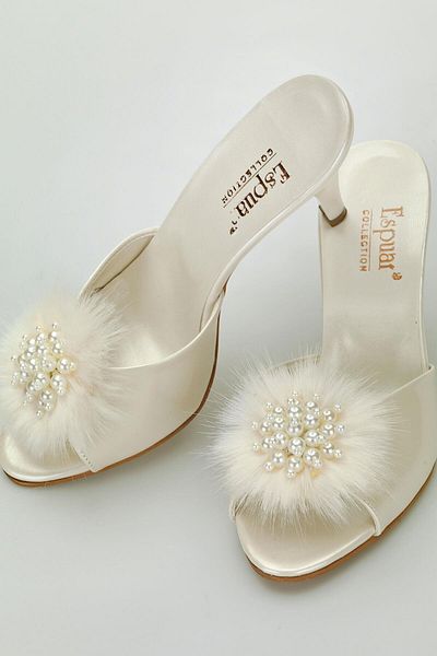 Espuar Women's Furry Round Stone Heeled Slippers Ecru 513