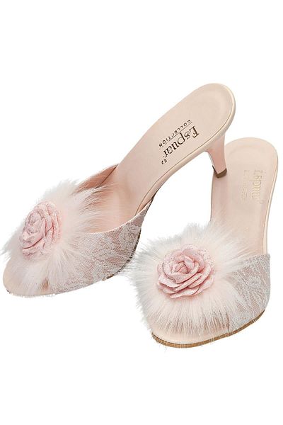 Espuar Women's Furry Rose Bow Heeled Slippers Powder 505